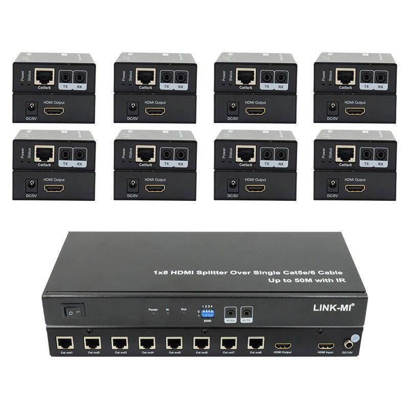 HDMI 50M 1X8 Splitter sur Cat5e 6 Support du câble 3D IR 1080P 8 Ports HDMI Splitter
