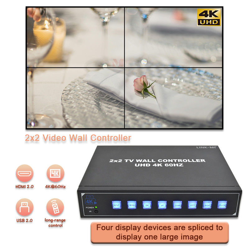 Processeur de paroi vidéo 4K HDMI 2X2 Prend en charge l'affichage automatique USB pour 4 téléviseurs UHD 4K 60Hz paroi vidéo LED